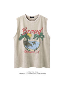 Whxs American Retro Casual Print Waistcoat Mens and Womens Suede Trendy Ins Couple Undershirt T-shirt