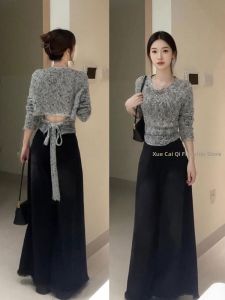 XUECAIQI | Elegant Korea Style Hollow Waist Knitted Sweater High Waist Casual Pants Set