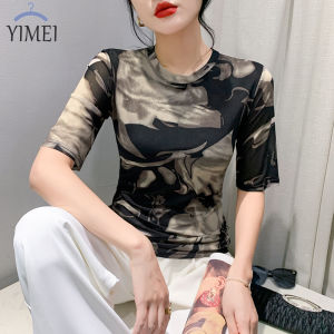 YIMEI Retro Printed Womens T-shirt 2023 Autumn Fashion Round Neck Medium Sleeve Mesh Top