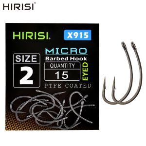 Hirisi 15pcs High Carbon Steel Fishing Hooks PTFE Coated Carp Hooks with Micro Barb Sharp Eyed Hooks Fishing Accessories X915