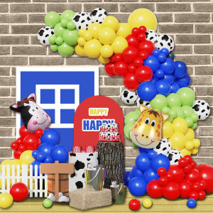 115-Piece Cow Balloon Arch Garland Set Farm Animal Party Decorations Red Yellow Blue Green Animal Print Balloons Suitable for Farmhouse Barn Birthday Western Cowboy Shower Party Supplies