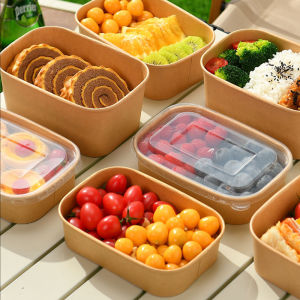 YESPERY 10pcs/set Kraft Paper Square Lunch Box with Lid Disposable Fast Food Packing Boxes Household Bento Boxes For Office Picnic