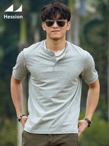 HESSION | Gray Retro Minimalist Mens Shoulder Fit Cotton Short Sleeve Henley Shirt