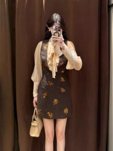Retro Fashion Shirt Print Dress Vest Two-Piece Set Elegant Comfortable Cotton High Waist A-Line Skirt Casual Autumn Wear