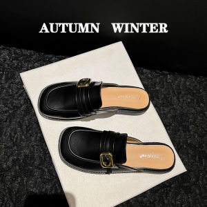 French Style Half Slippers Women Summer Outdoor Wear Flat Bottom No Heel Small Leather Shoes Black Lazy Mules Slip-On Shoes