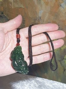 Natural Nephrite strong spinach green with yellow hue hand carved 3-dimensional Pi Xiu Jade pendant/handheld(with certificate) [Natural Crystal] 和田玉碧玉乌兰海黄调菠菜绿纯手工雕刻立体貔貅吊坠/手把(附证书) Chinese amulet charm jewelry gifts