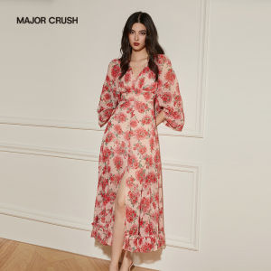 French Style Pink Rose Floral V-Neck Waist Cinched Long Dress