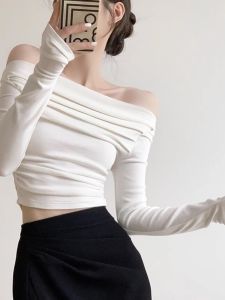 French Style off-Shoulder off-the-Shoulder Top Womens Autumn Tight off-Shoulder Fancy Short Western Style Tight Waist Long Sleeve Bottoming Shirt