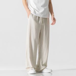 Loose Cotton Linen Mens Summer Casual Pants Straight Leg Youthful Style No Ironing Required mid Waist Nine Point Length