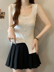 SHIMANQING | Summer White Knitted Top U-Neck Ice Silk Design