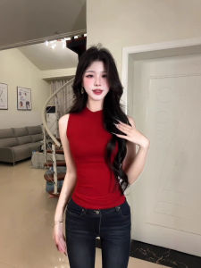 chaqi | เสื้อกั๊กสปอร์ตคอสูงครึ่งตัวสีแดง ทรงเข้ารูป แขนกุด สำหรับผู้หญิง ใส่ไปเที่ยวกลางแจ้งในฤดูร้อน สไตล์สาวฮอตอเมริกัน