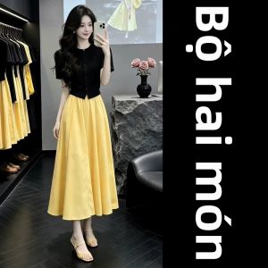 Karrar betsey | Bộ Đồ Hợp Bộ Mùa Hè Áo Tay Ngắn Vàng Chân Váy Midi