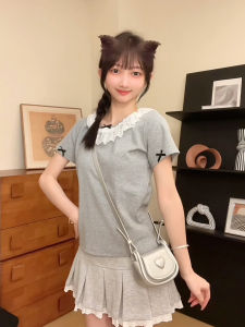 Korean Style Butterfly Knot Short Sleeve Womens Lace Trim Splice round Neck T-Shirt Slim Fit Short Length Commute Style Cotton Blend