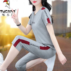TUCANO 2025 New Summer Womens Casual Cotton Sportswear Set Short Sleeve Two-Piece Suit for Middle-Aged Mothers