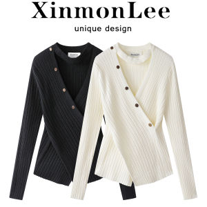 XinmonLee Sweet And Spicy High-End Knitted V-neck Sweater Autumn Winter French Style Cross Waist Slimming Neck Hanging Sweater