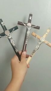 Wall Cross Solid Wooden Jesus Catholic Cross Decor Wooden and Metal Cross 8 inches