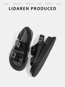 [Li Daren] Thick-Soled Leather Easiest for Match Ankle-Strap Buckle Sandals Womens Summer Outwear Flats Beach Roman Shoes