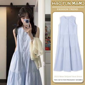 French Style Blue Stripe Sleeveless Maternity Dress