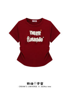 Áo Thun Nữ Tay Ngắn Màu Kem Cổ Tròn in Chữ Phong Cách Retro Màu Đỏ Tím Ngắn Mùa Hè Thường Ngày Thoải Mái Thoáng Khí