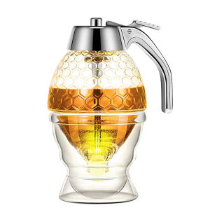 1pc No Drip Glass Honey Dispenser with Stand Juice Syrup Cup Squeeze Bottle Storage Pot Honey Jar Container Kitchen Accessories