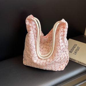 Summer Floral Lace Hollow out Large Capacity Commuter Womens Tote Bag Double Shoulder Strap Magnetic Buckle Closure Handbag