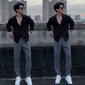 Summer New Anti-Wrinkle Smooth Drapey Cone Shaped Slim Fit Pants Men Fashion Solid Color Simple Loose Breathable Casual Long Pants