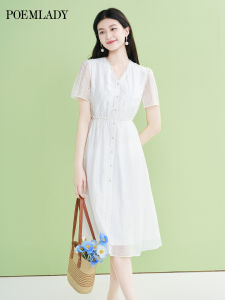 POEMLADY | French Style Linen Tencel Embroidery Young-looking Mid-length Dress