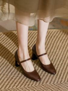 Handmade Leather High Heels Womens Shoes 2025 New Minimalist Retro Buckle Mary Janes Low Cut Thick Heel Single Shoes Women