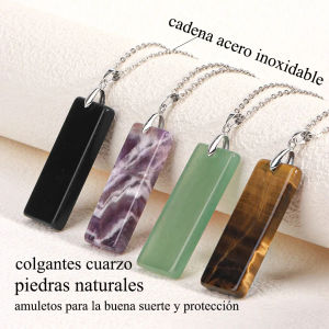 CSJA  Natural Stone Rectangle Necklace Pendant for Woman Man Fluorite Amethyst Tiger Eye Stainless Steel Chain Necklace H225