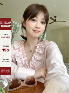 AHY Pink Cotton V-Neck Shirt Womens Double Layer Wood Grain Edge 2025 New Style French Style Shirt Loose Fit Breathable