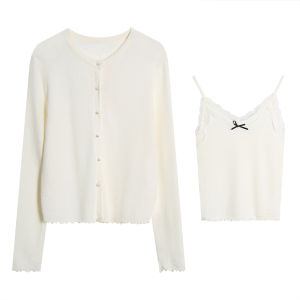 Chen DaYu Womens Lace Trim Knitted Cardigan And Tank Top Two-Piece Set Thin Outerwear Pink Long Sleeve round Neck Short Style