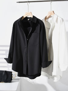 Loose Fit Long Sleeve Black Cotton Shirt Womens Casual Style Button Pocket Shirt Anti-Wrinkle Easy Care Spring Autumn Top