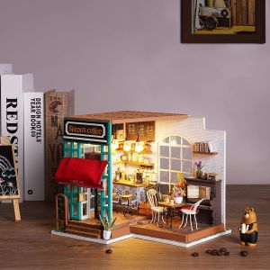 Robotime DIY Miniature Dollhouse Kit Mini Cafe House with LED Light Model Making Miniature Woodcraft Dollhouse Puzzle Challenge Gift Set