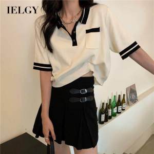 IELGYELGY Short sleeve knitted T-shirt womens loose and thin polo collar top