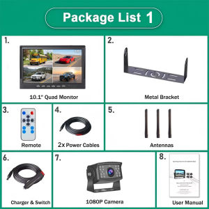 Digital Wireless 4CH Quad DVR Monitor 10.1" 1080P AHD Reversing Camera 18 IR LEDs Night Vision 12V‑24V for Truck RV Bus Trailer