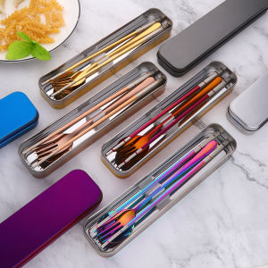Portable 304 Stainless Steel Chopsticks Spoon Fork Set Creative Student Dining Utensils Takeout Storage Box Four Piece Set