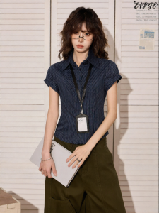 EVPGB | American Chic Blue Shoulder Fit Tailored Short Blouse