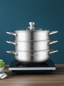หม้อต้มน้ำซุปอเนกประสงค์ขนาดใหญ่ 304 สแตนเลส 2 ชั้น 3-5 ชั้น ความจุขนาดใหญ่ ใช้ได้กับไฟฟ้าหรือแก๊ส เครื่องปรุงรสและเครื่องมือห้องครัว