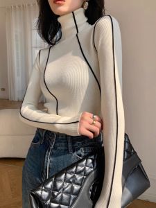 Slim Fit High Neck Knitted Base Shirt Womens Fashionable Autumn Winter Unique Design Inner Wear Korean Style Long Sleeve Pure Color