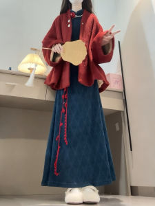 XUECAIQI | New Year Chinese Style Red Wool Coat and Dress Set