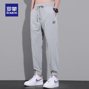 ROMON | กางเกงลำลองชายผ้าไหมน้ำแข็งฤดูร้อนแห้งเร็วหลวมๆ ทรงฮาราจูกุ กางเกงขายาวลำลองยืดหยุ่นเอวยางยืด กางเกงขายาวผู้ชาย