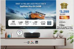 Epson EpiqVision Ultra LS650 4K UST laser with Free Google TV 4K TV Stick worth $169 & $50 NTUC voucher 3LCD Laser Projector 4K PRO-UHD HDR 3600 Lumen Epson Setting Assistant Android TV Sound by Yamaha - Black (3 Years Local Warranty On Site)