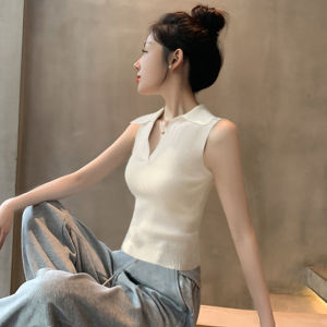 Áo Len Dệt Kim Không Tay Cổ Polo Màu Xám Đậm Mùa Hè 2024 Cho Nữ Áo Khoác Ngoài Ôm Vừa Vặn Thời Trang Áo Chui Đầu