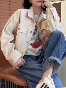 Womens Short Denim Jacket Washed Cotton Vintage Style Korean Loose Fit Autumn New Fashion Small Size Polo Collar Button up Coat