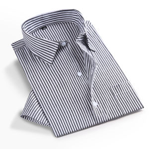 Áo Sơ Mi Nam Mùa Hè Tay Ngắn Rộng Rãi Thường Ngày Cotton Nguyên Chất Màu Xanh Sọc Cổ Bẻ Tay Áo Có Túi Áo Sơ Mi Bố