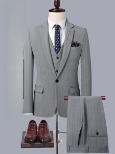 ROMON | Lormen Mens Striped Suit Set Casual Wedding Celebration Dinner Dress Code Business Standard Fit Polyester Blend Long Sleeve