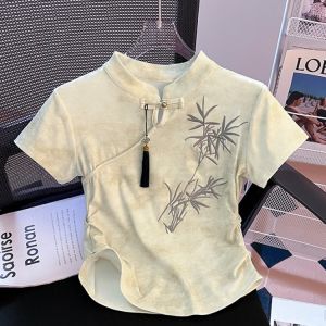 เสื้อยืดแขนสั้นปักลายสไตล์จีนใหม่สำหรับผู้หญิงในช่วงฤดูร้อนปี 2025 เสื้อตัวเล็กทรงเก๋ไก๋ที่ไม่ซ้ำใคร ผ้าฝ้ายผสมยางยืด
