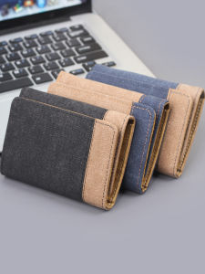Mens Short Three-Fold Large Capacity Anti-Magnetic Card Slot Trendy Denim New Style Wallet for Young Men with Multiple Compartments