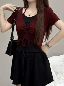 Pure Cotton V-Neck Hanging Neck Short Sleeve T-Shirt Womens Summer Slimming Stylish Sweet And Spicy Short Design Top