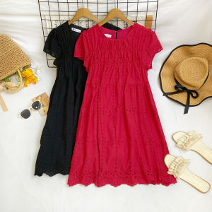 Chic Heavy Embroidery Hollow out round Neck Bubble Sleeve Loose Slim A-Line Doll Skirt Dress Short Womens Fashion Commute